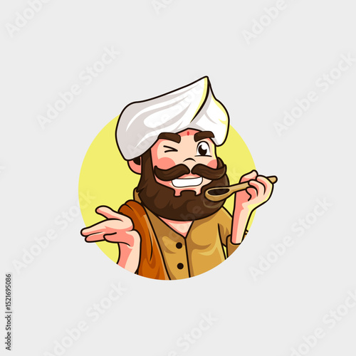 cartoon cute indian chef mascot logo welcoming happily while holding a spoon
