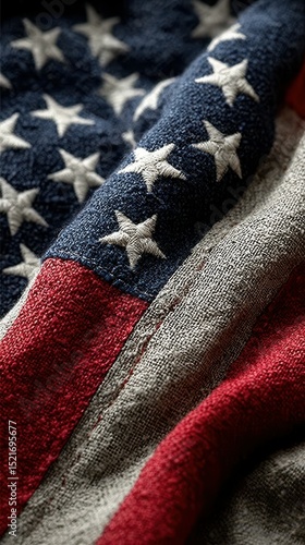 Close-up view of a weathered American flag draped gracefully displaying intricate details of fabric and colors