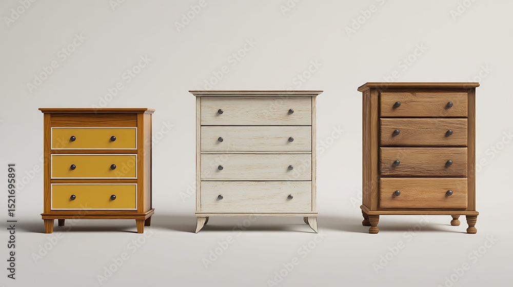 A photorealistic rendering of four wooden chests of drawers, each with a different style and number of drawers A photorealistic rendering of four wooden chests of drawers, each with a different style and number of drawers