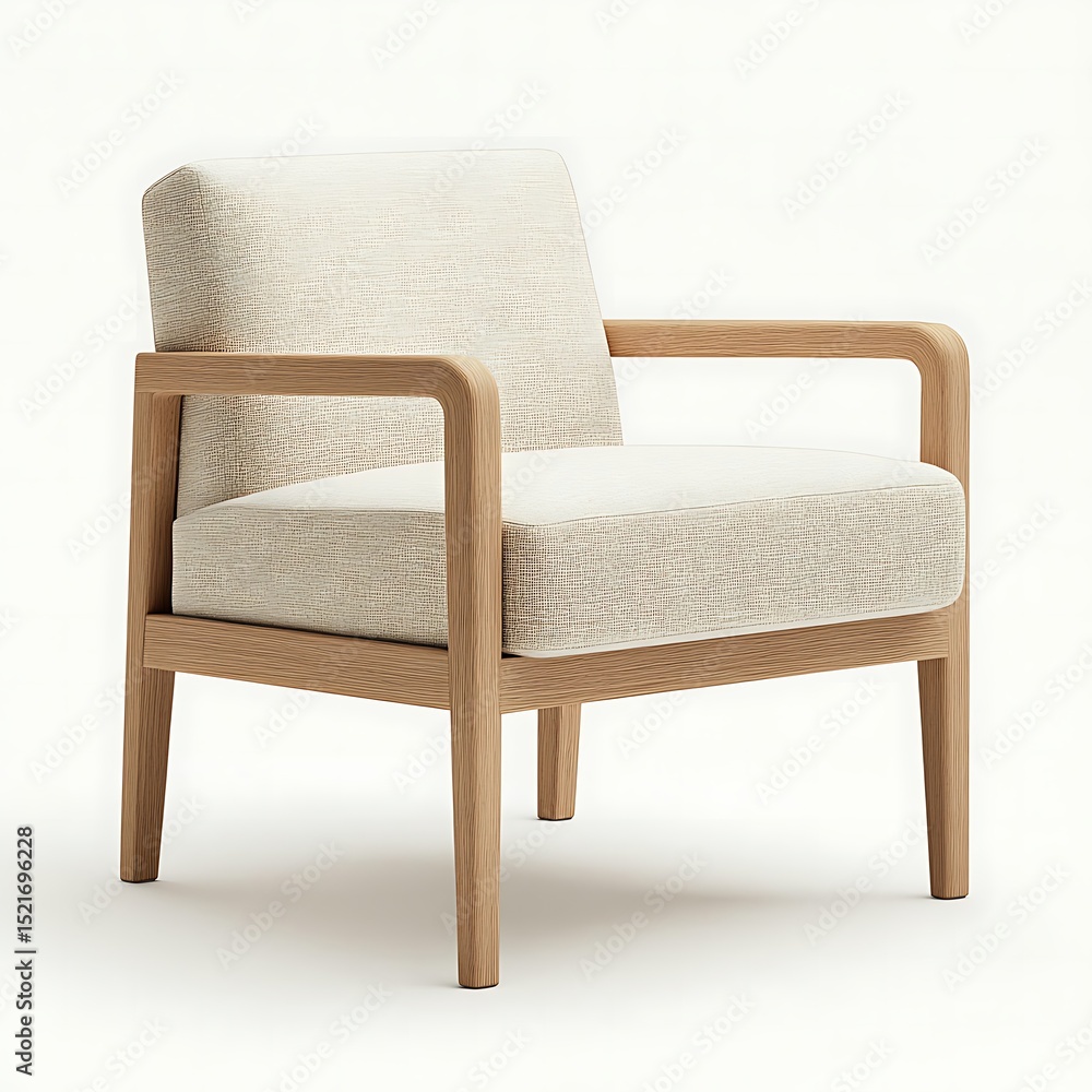 Fototapeta premium A simple, modern chair with a light beige upholstered seat and back, and light oak wood legs and frame