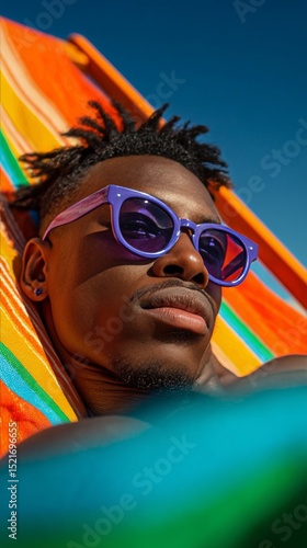 Young Man Relaxing in Colorful Beach Chair Under Bright Sun in Summer.
