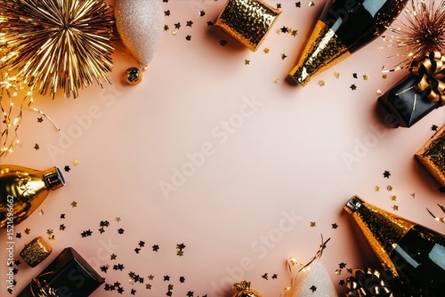 Festive Celebration Setup With Champagne Bottles and Golden Decorations for t...