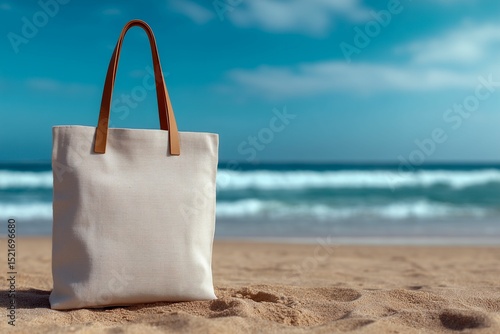 Blank Canvas Tote Bag Mockup on Sandy Beach with Ocean Background