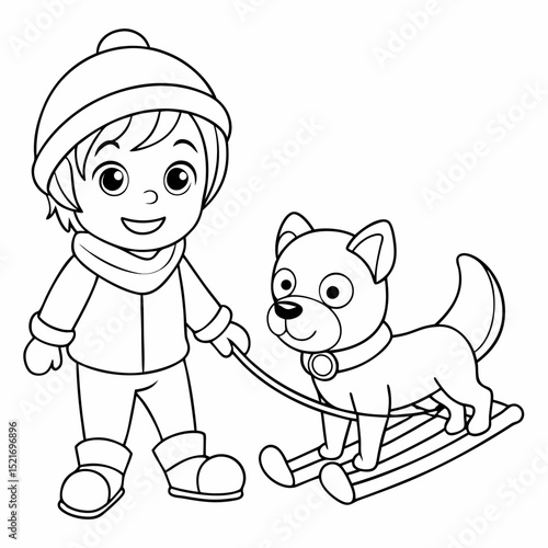 Child sledding with dog winter fun snow play