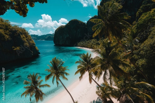 Tropical Beach With Palm Trees and Clear Turquoise Water in a Coastal Paradise