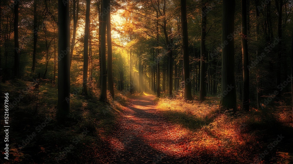 Fototapeta premium Sunlit path through a dense forest, casting golden rays on fallen leaves.