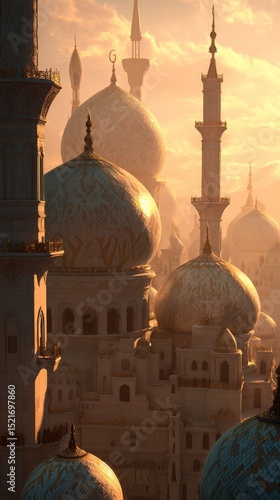 Majestic Domes and Towers Bathed in Golden Sunlight at Sunset in an Ancient City