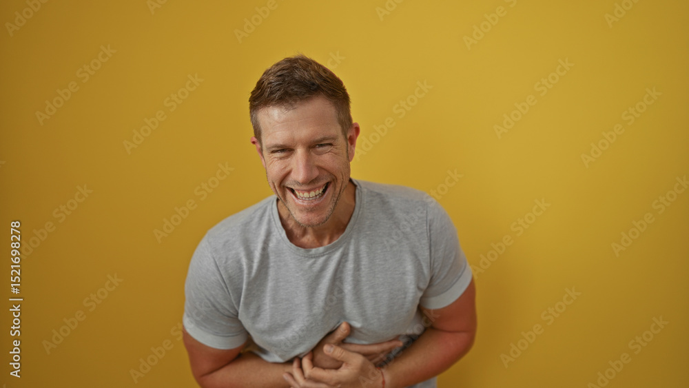 Young man laughing in front of a vibrant yellow background showcasing a charming and joyful expression conveying happiness and positivity in a studio portrait setting. Young man laughing in front of a vibrant yellow background showcasing a charming and joyful expression conveying happiness and positivity in a studio portrait setting.
