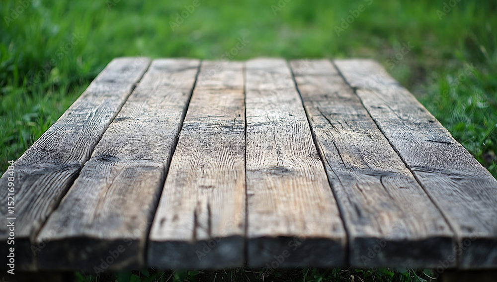Fototapeta premium Wooden table top with blurred green grass background