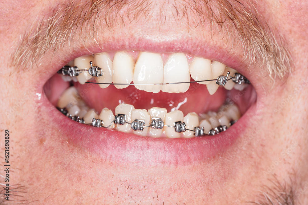 Obraz premium Man with dental braces, wire is damaged and loose, closeup detail to open mouth
