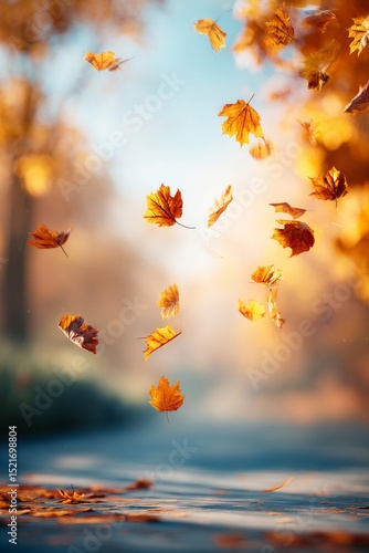 Colorful Autumn Leaves Fall Gently on a Serene Path in the Woods During a Bri...