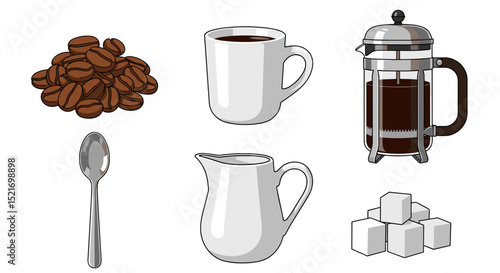 Illustration showing coffee beans, mug, french press, spoon, creamer, and sugar cubes arranged together
