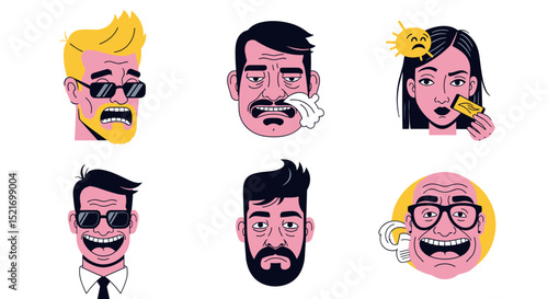 Illustration of six diverse cartoon faces expressing various emotions and personal care routines shown