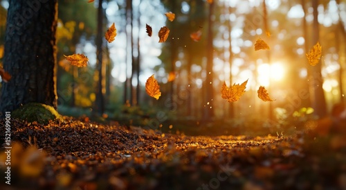 Leaves Swirling in Sunlight as Autumn Transitions in a Tranquil Forest Setting.