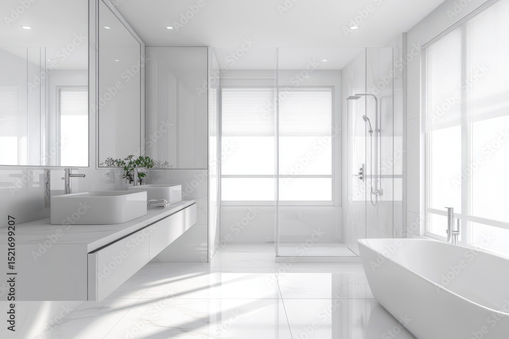 Fototapeta premium Modern white bathroom with freestanding tub and double vanity