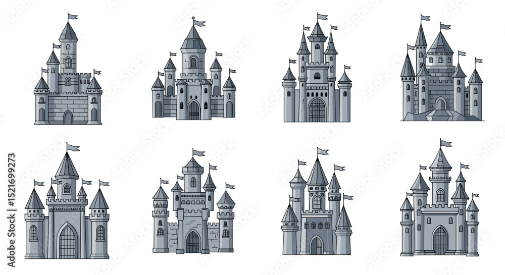 Obraz premium Collection of eight gray cartoon castles with flags on top of the towers in a fantasy setting