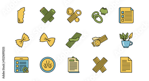 Various types of pasta and documents with lists and a plant in a cup arranged in a grid pattern