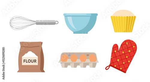 Illustration of baking supplies including a whisk bowl cupcake flour eggs and oven mitt items needed