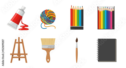 Illustration of art supplies including paint, yarn, colored pencils, brushes, easel and sketchbook