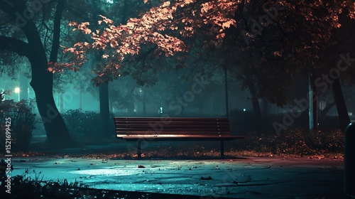Park bench glows in an ethereal night, inviting contemplation and serenity.