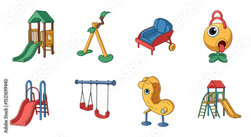 Illustration showing a variety of playground equipment including slides and swings on a white background