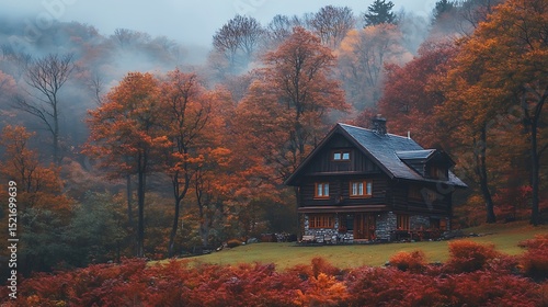 Cabin in the woods surrounded by fall foliage and a misty backdrop.