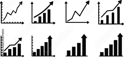 Collection of eight upward trending line and bar graphs