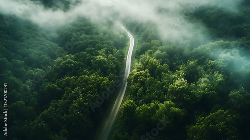 Misty mountain road cuts through a green forest with fog rolling over the trees