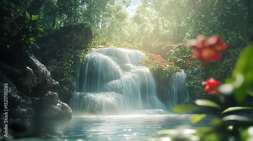 Serene waterfall cascading into a crystal-clear pool in a lush forest scene.