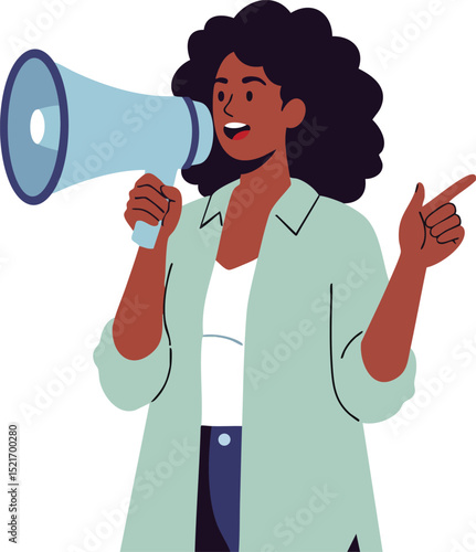 Woman holding megaphone and speaking with confident gesture vector illustration in casual clothing