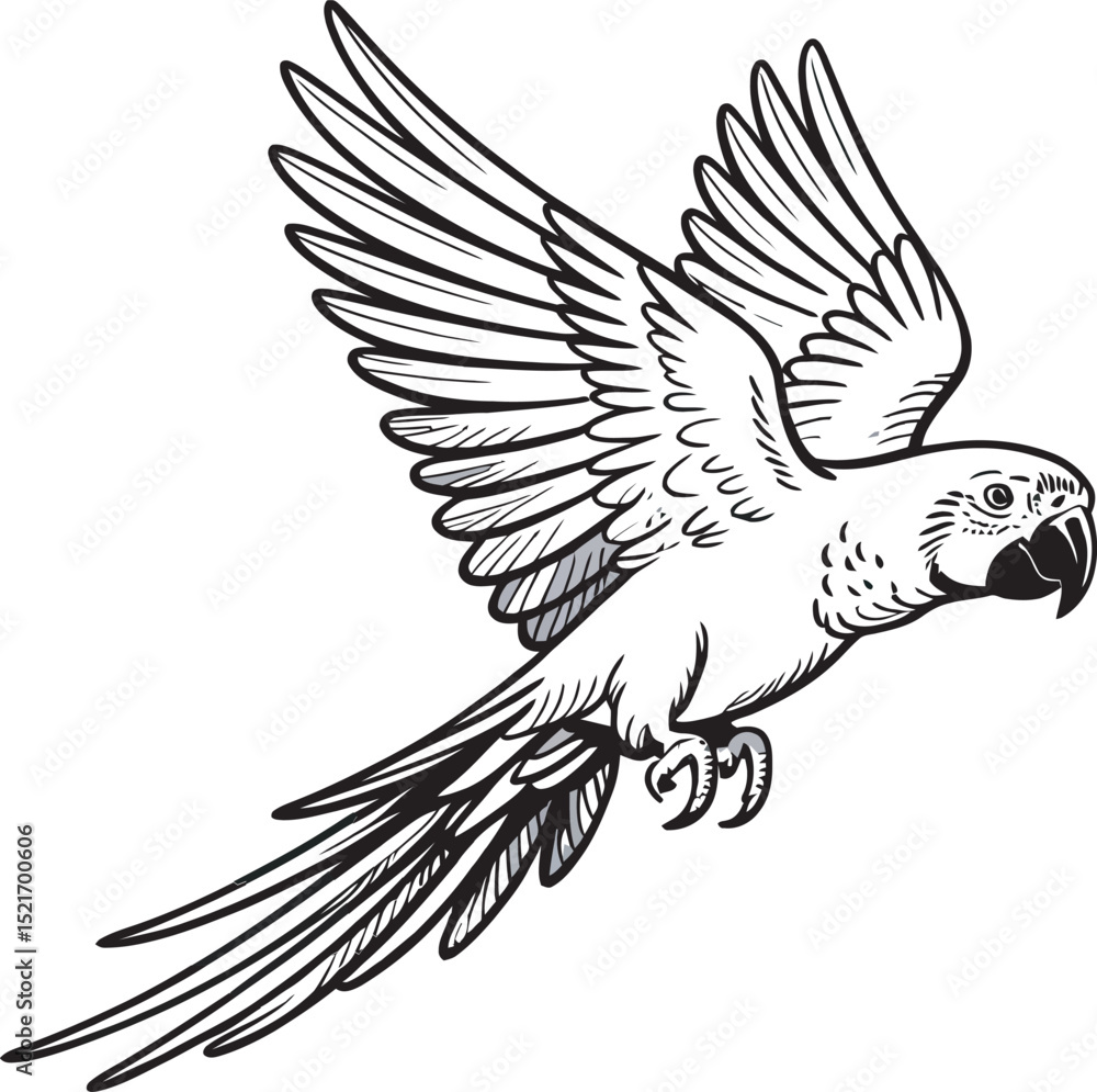 Obraz premium Graceful vector illustration depicting a parrot in flight with detailed outline and wings spread for design