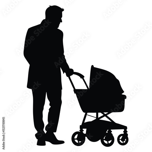 Father Pushing Baby Stroller Silhouette Illustration Parental Care and Family Lifestyle Concept