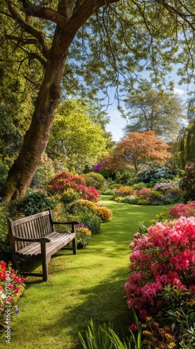 Vibrant Garden Path Lined With Colorful Flowers and a Wooden Bench Under a Su...