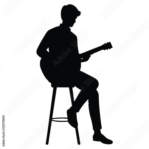 Guitarist Silhouette on Stool Playing Acoustic Instrument in Monochrome Artistic Rendering
