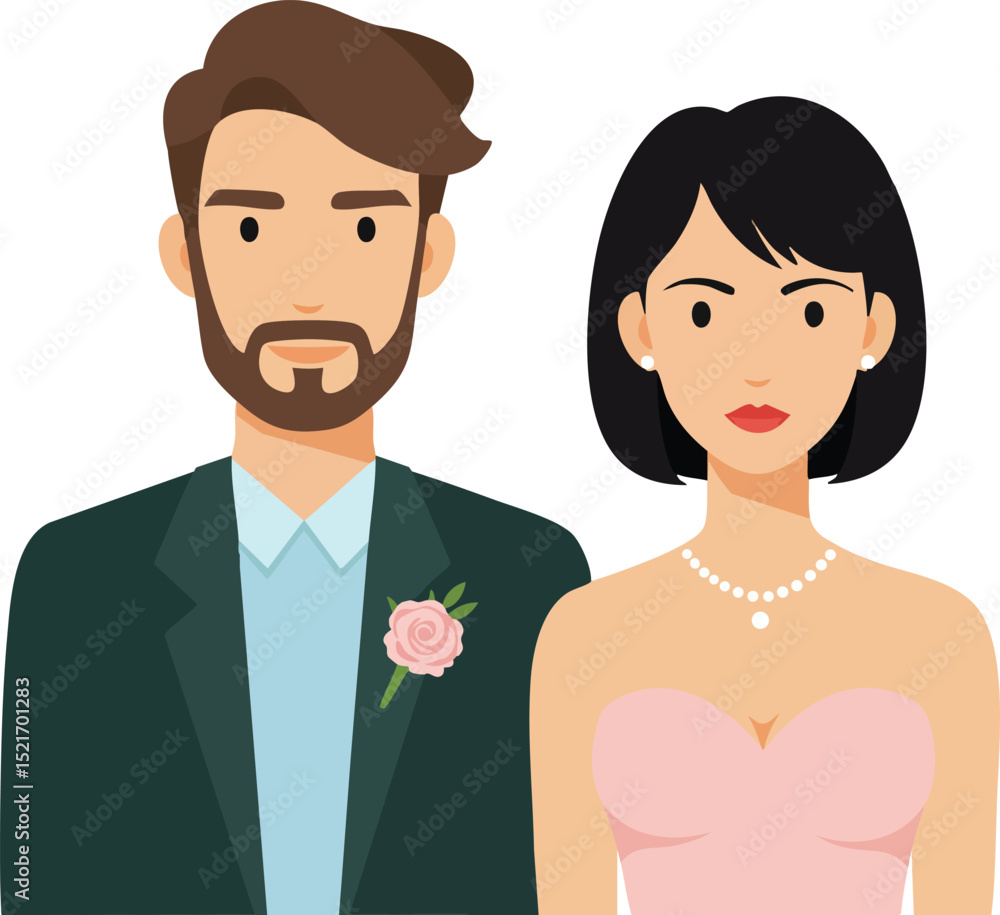 Bride and groom couple portrait illustration with wedding attire and floral boutonniere vector image Bride and groom couple portrait illustration with wedding attire and floral boutonniere vector image