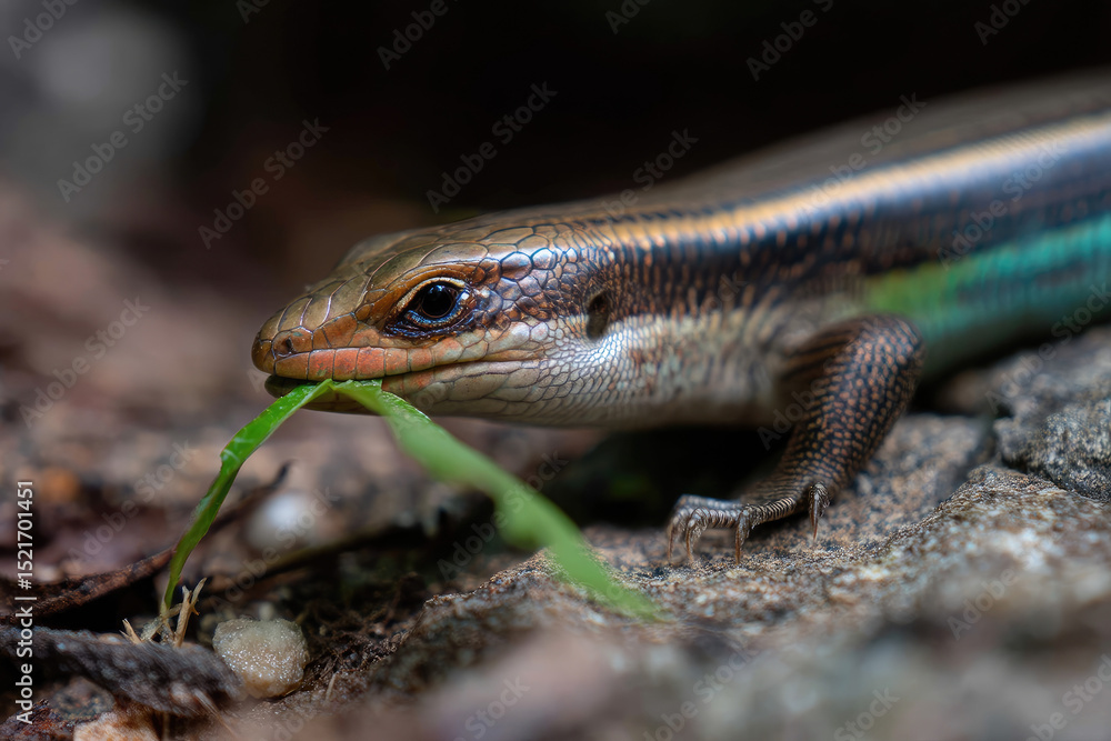 Fototapeta premium Closeup of a Skink Lizard Eating a Green Leaf