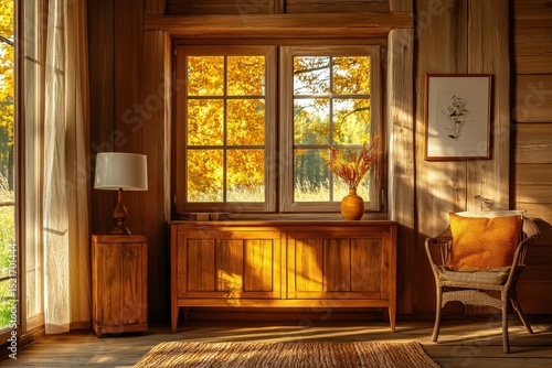 Rustic wooden cabin interior with autumn window view