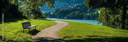 Scenic Pathway Along a Tranquil Lake Surrounded by Green Trees in Summer