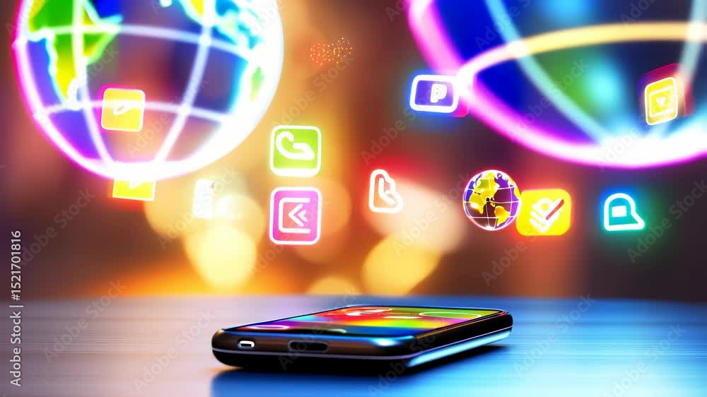 Glowing globes float near smartphone screen. Global communication icons hover above. Smartphone enables internet connection. Mobile apps link people. Digital global smartphone communication