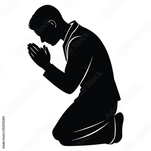 Silhouette of Kneeling Man in Suit with Hands Clasped in Prayer Position