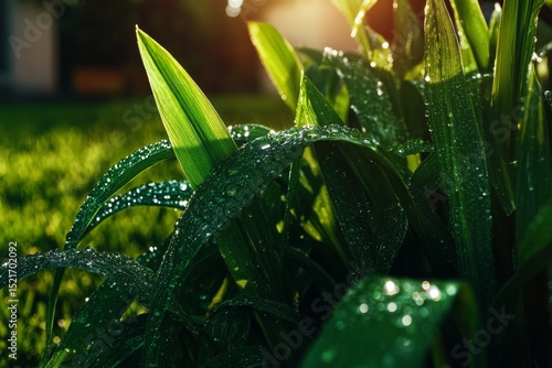 Dewdrops Glisten on Green Grass Leaves in the Early Morning Light.