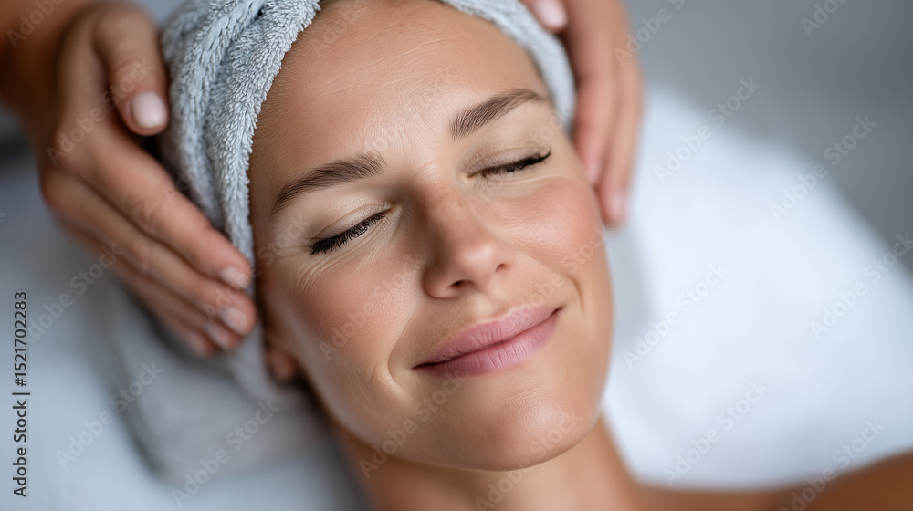 Peaceful clientâs face in focus, soft light on skin, therapistâs fingers massage scalp, aroma oils diffuse Peaceful clientâs face in focus, soft light on skin, therapistâs fingers massage scalp, aroma oils diffuse