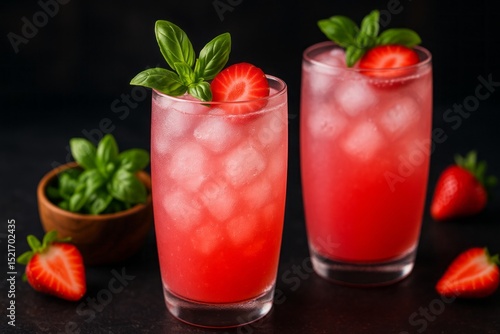 Wallpaper Mural Refreshing Strawberry Basil Summer Cocktail Two Glasses Ice Cubes Red Drink Beverage Delicious Cool Tasty Sweet Homemade Recipe Party Drinks Summertime Refreshment Vibrant Red Color Food Mood Fruit    Torontodigital.ca