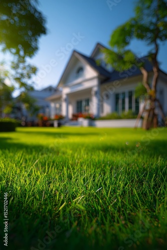 Bright Sunny Day Showcasing Vibrant Green Grass in a Serene Residential Area ...