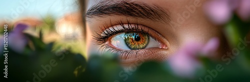 Close-up of a Persons Eye Reflecting Nature With Colorful Details and Floral ...