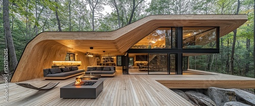 Modern wooden home nestled in a forest with an open-air living area and large windows