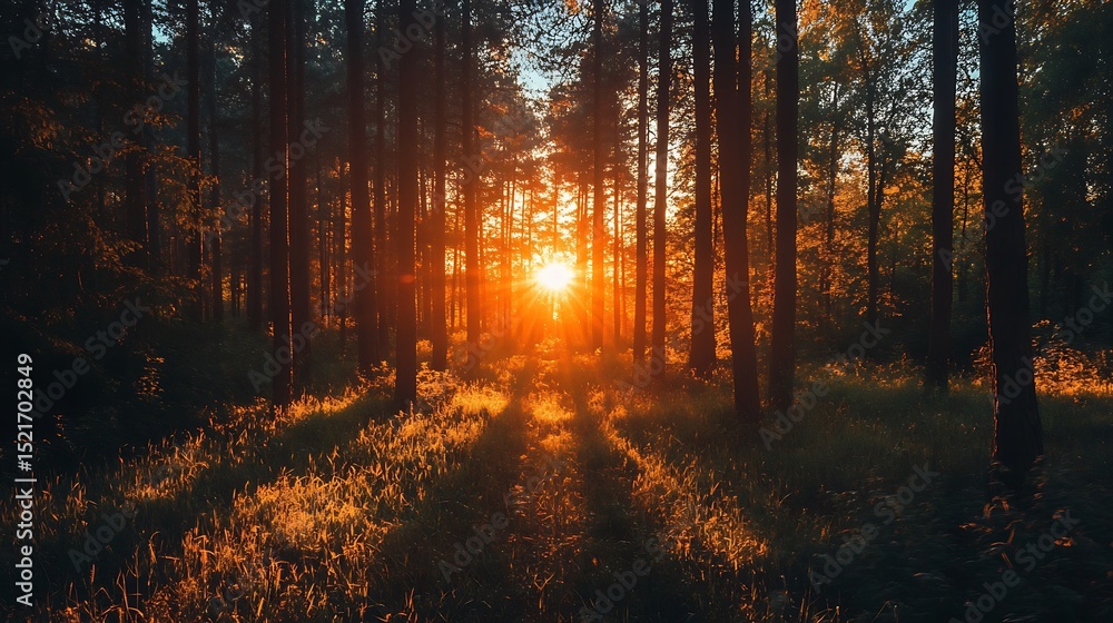Fototapeta premium Sun shining through tall trees in the forest, illuminating the path ahead
