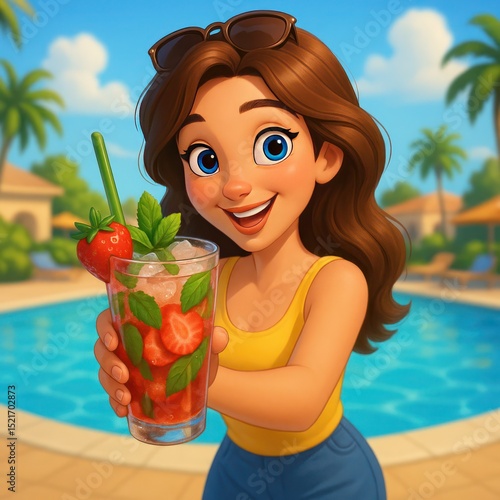 Smiling Girl Offers Refreshing Strawberry Drink by the Poolside