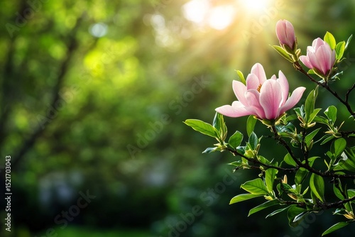 Blooming Pink Magnolia Flowers Basking in Sunlight During Springtime in a Ser...