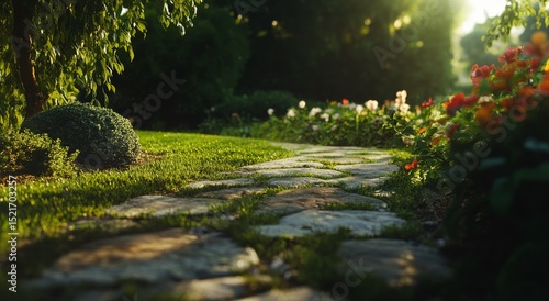 Stone Pathway Leads Through Vibrant Garden in the Golden Glow of Afternoon Su...